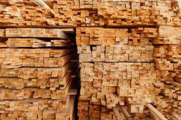warehouse of wooden boards, background texture of wood harvested for shipment to the factory, finished products of the woodworking industry, many smooth bars of wood