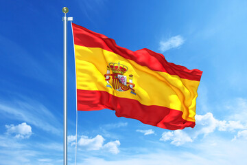 Spain flag waving on a high quality blue cloudy sky, 3d illustration