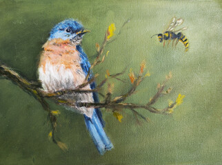 bird on a branch in the forest oil painting