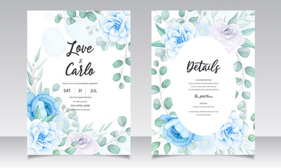 Fototapeta na wymiar Beautiful hand drawing wedding invitation blue floral design
