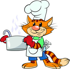Red cat cook in the cap and apron. 
A vector illustration of a cartoon red striped cat smiling and holding a soup pot .
