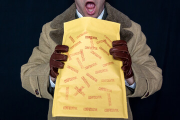 Portrait of Man in Hat and Coat Holding Confidential Envelope. Surprise. Jaw Drop. Concept of Film...