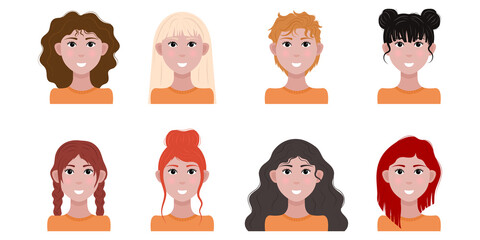 Set of girls with different hairstyles. Vector illustration.