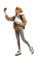 Woman with map and backpack taking picture on white background. Winter travel