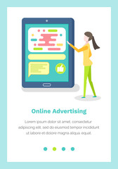 Website landing page template with woman looking at the phone screen. Online advertising concept. Distribution of advertisement via the internet. Girl is working with an application in her smartphone