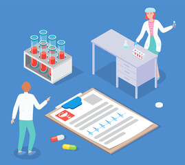 Isolated icon of clipboard with diagnosis of patient, cardiogram, medical info, results of medical test. Scientist woman make research with test tube. Tubes with blood. Man gesture hand. Pills icon