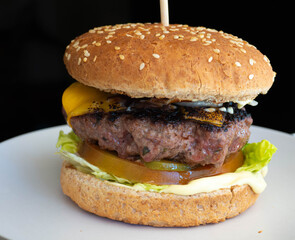 Delicious hamburger on black background