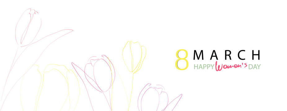 March 8, Women's Day Banner. Background With Hand Drawn Flowers Tulips. Vector