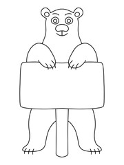 Symmetry polar bear with empty poster on a stick stock vector illustration. Funny cartoon polar bear coloring page for kids and adults. International Polar Bear Day simple doodle illustration