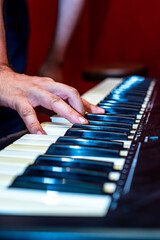 Obraz premium The keyboard is a tempered musical instrument with keys, in which melodies and notes are played, forming a harmony. It consists of a set of adjacent black and white keys, which when pressed produce so