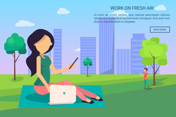 Work on fresh air conceptual vector web banner. Woman working on laptop sitting on lawn, freelancer with notebook in city park