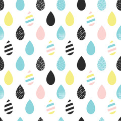 Seamless pattern with multicolored rain drops on a white background. Vector illustration in memphis style