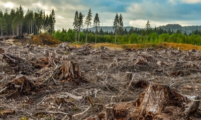 Felling of trees, many stumps from felled pines. Washington State