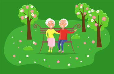 Fototapeta premium Couple spend time in the park sitting on a bench. Romance of elderly people on a date. Characters in relationship hug while sitting on a bench. A man with a lady have a rest together outdoors