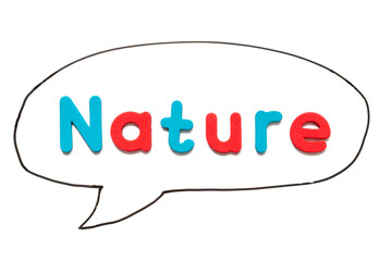 Alphabet letter with word nature in black line hand drawing as bubble speech on white board background