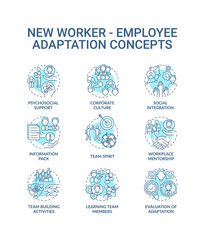 Fototapeta na wymiar Adaptation of new worker concept icons set. Psychosocial support and team spirit idea thin line RGB color illustrations. Core values and mentorship. Vector isolated outline drawings. Editable stroke