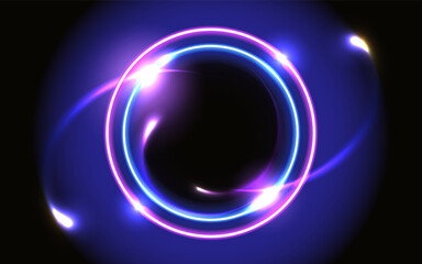 Abstract fantastic background with neon glowing round frame and space portal into another dimension