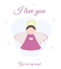Happy Valentine day card with cute baby angel. Greetings.   You are my angel. Vector illustration in cartoon style.