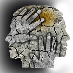 Schizophrenia  head silhouettes. Man holding his head.Photo-montage with Dry cracked earth symbolizing schizophrenia Depression, Headache.

