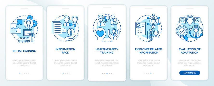 Initial Training And Basic Information Onboarding Mobile App Page Screen With Concepts. Health And Safety Walkthrough 5 Steps Graphic Instructions. UI Vector Template With RGB Color Illustrations