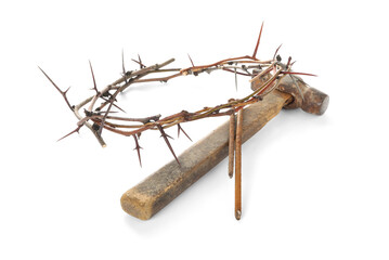 Fototapeta na wymiar Crown of thorns, nails and hammer on white background. Easter attributes