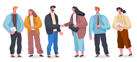 Fototapeta premium Handshake of two partners, successful deal, contract, office workers shaking hands, women and men, agreement, contract, teamwork, partnership, colleagues handshaking, isolated cartoon characters
