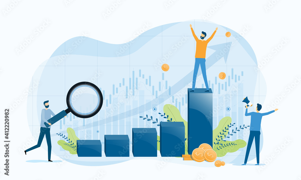 Aufkleber business people analytics and monitoring on business graph concept and business finance investment success concept.  flat vector illustration design for web landing page banner background.