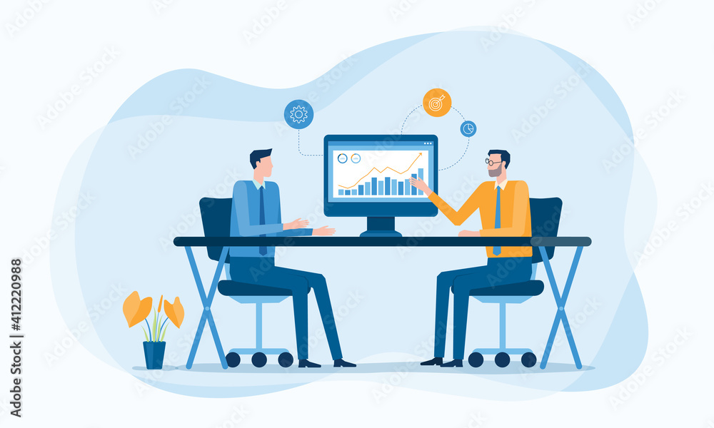 Poster business financial advisor working and business investment planning on monitor report graph. two bus