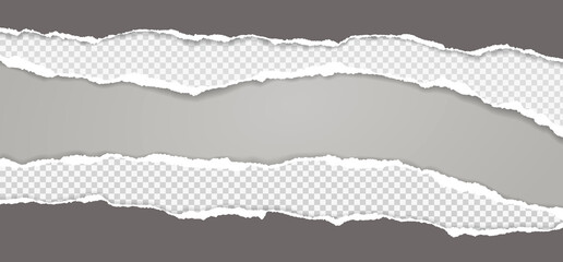 Pieces of torn, ripped dark and squared paper with soft shadow are on grey background for text. Vector illustration