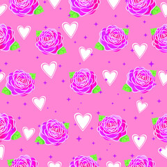 Pink roses and hearts, childrens seamless pattern.Wallpaper for the nursery, gift paper.