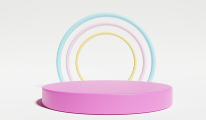 Stand and display pastel in the baby room interior. 3D rendering. Scene for advertising, Minimalist mockup for podium display or showcase.