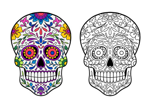 Hand drawn mexican sugar skull with flowers pattern.