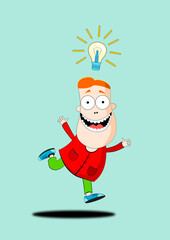 Bright idea. Cheerful man having a bright idea. Light bulb overhead.
