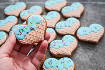 Valentine's day cookies background, top view 