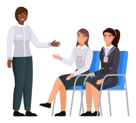 Office staff, work and communication. Head and subordinates. Various workers, managers team. Business employees on their workspace. Office workers. Co-workers. Colleagues discuss project teamwork