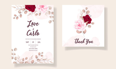 Beautiful hand drawing wedding invitation maroon floral design