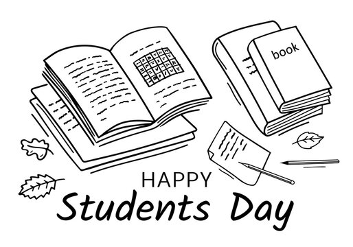 Happy Students Day. Congratulatory inscription with textbooks, books, notebooks and autumn leaves. Black outlines isolated on a white  background. For poster, brochure, banner, greeting card. Vector.
