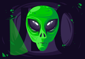 Vector illustration of a detailed head of an alien green creature with large eyes, a ufo