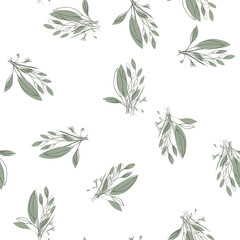 Hand drawn elements brances in natural summer seamless pattern. Fresh garden vector illustration. Abstract green leave or foliage on white background.