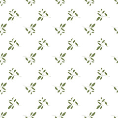 Hand drawn elements brances in natural summer seamless pattern.  Fresh garden vector illustration. Abstract green leave or foliage on white background.