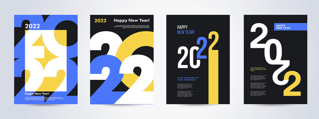 Creative concept of 2022 Happy New Year posters set. Design templates with typography logo 2022 for celebration and season decoration. Minimalistic trendy backgrounds for branding, banner, cover, card