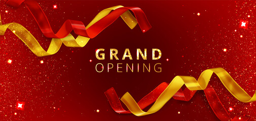 Grand opening event poster with cut red and golden ribbons. Vector banner of luxury launch ceremony with gold text, confetti, sparkles and shiny tapes on red background. Celebration party flyer