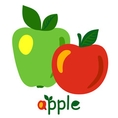 Green and red apple with the original inscription. Two cartoon apples. Natural healthy organic food. Hand drawn stylized flat vector illustration. Juicy fruits Isolated on a white background.