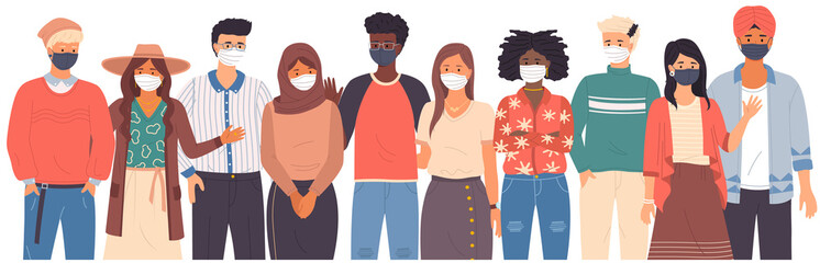 Group of people wearing medical masks. Cartoon characters pose for a photo and waving their hands, vector illustration isolated on white background. Self-isolation during coronavirus pandemic