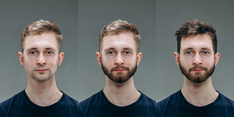 Fototapeta na wymiar Brunette. Collage of man before and after visiting barbershop, client's delighted with different haircut, mustache, beard. concept of bodycare, male beauty, comparison. Shaving, hairstyling, coloring.