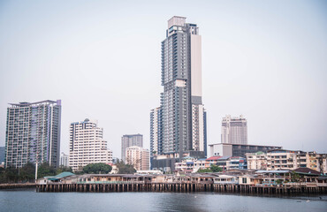 Fototapeta premium Tall buildings by the sea in Sriracha District, Thailand