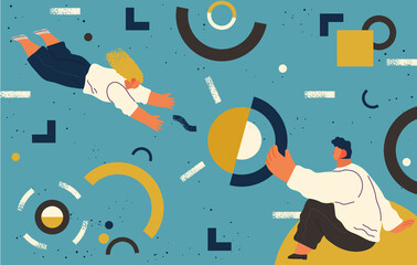 People flying in abstract imaginary space organizing geometric shapes. Group of young men collecting figures. Teamwork and team building organization concept. Coworking and business partnership