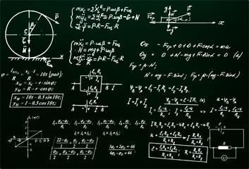 Chalk scribbles on a physical blackboard. Chalkboard, formulas, figures, and physics. The concept of education. Vector illustrations can be used to return to the school topic, physics, natural science