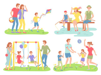 Set of happy families actively relaxing in nature. Flying kite, fishing, swinging on swing, playing ball. Family holidays outside home. People spend time together. Flat cartoon characters play outdoor