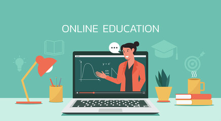E-learning or online education, home school, woman teacher teaching via computer laptop screen, distance learning, online course concept, vector flat illustration